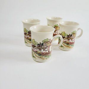 Vintage Wade Coffee Mugs (4), Beige & Brown English Countryside Village & Church
